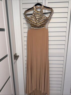 Dave & Johnny Gold Beaded Halter Prom Dress with Tan Skirt